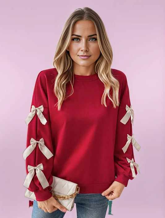 Scarlet Elegance Bow-Sleeve Knit Sweater