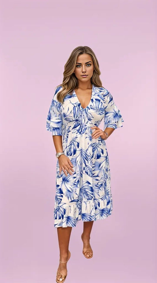 Chic Midi Dress Featuring Designer Leaf Print for Women