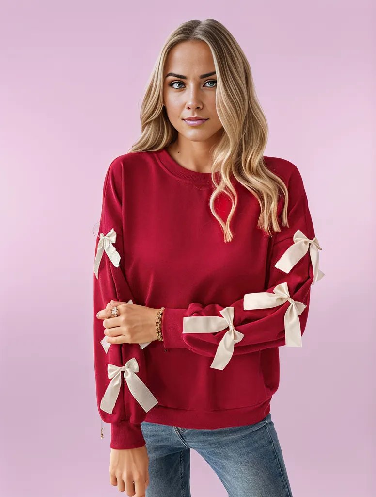 Scarlet Elegance Bow-Sleeve Knit Sweater