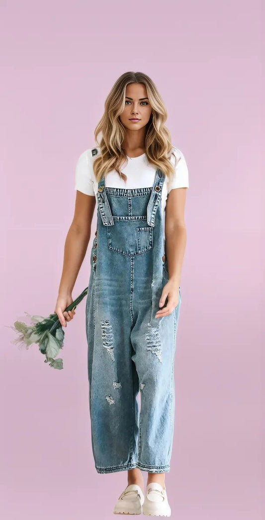 Relaxed Fit Ripped Denim Overalls