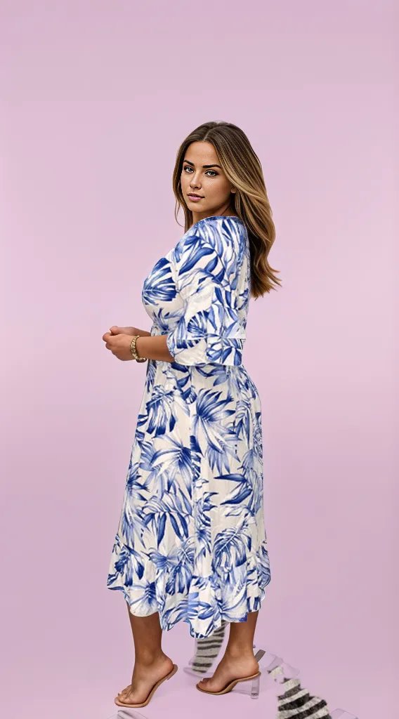 Chic Midi Dress Featuring Designer Leaf Print for Women