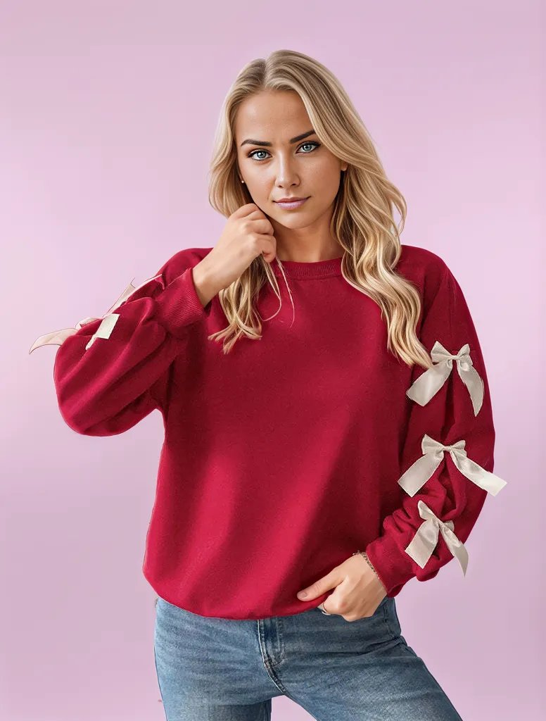 Scarlet Elegance Bow-Sleeve Knit Sweater