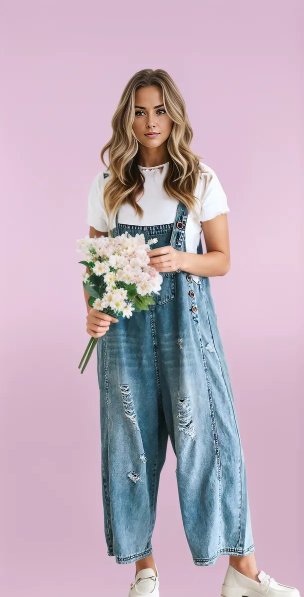 Relaxed Fit Ripped Denim Overalls