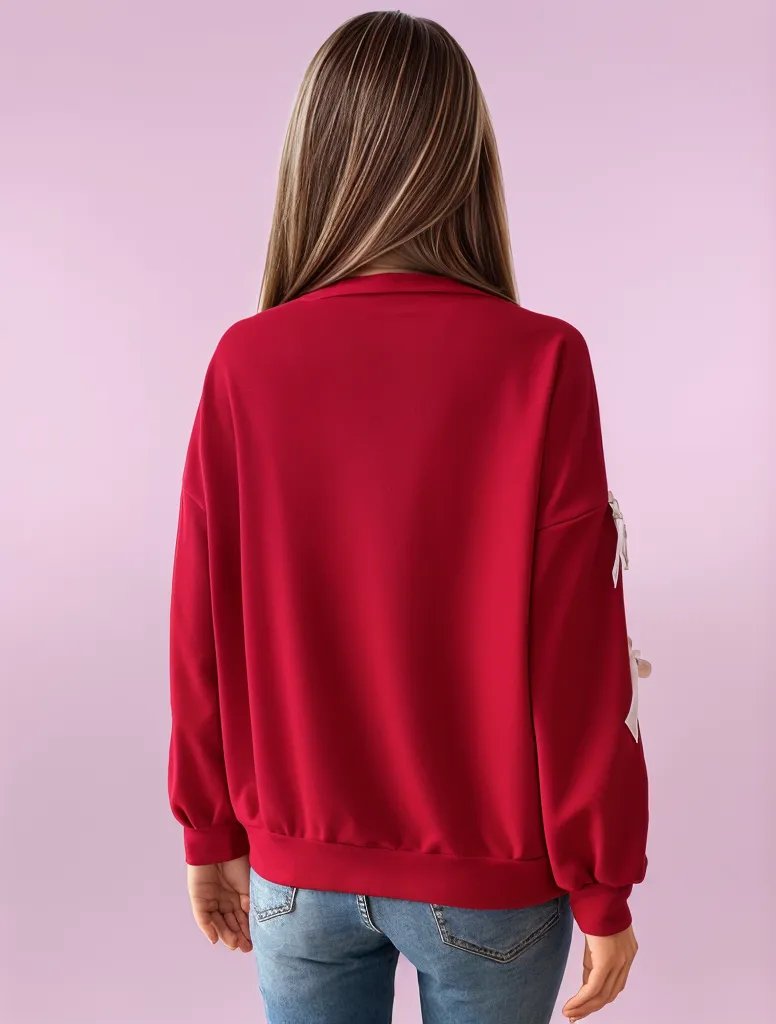 Scarlet Elegance Bow-Sleeve Knit Sweater