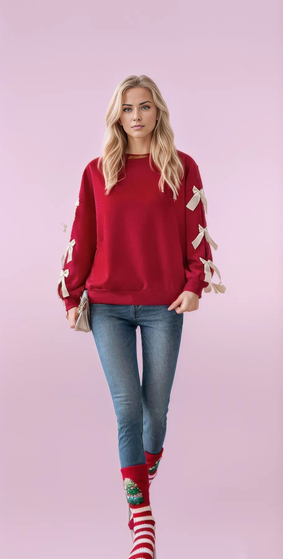 Scarlet Elegance Bow-Sleeve Knit Sweater