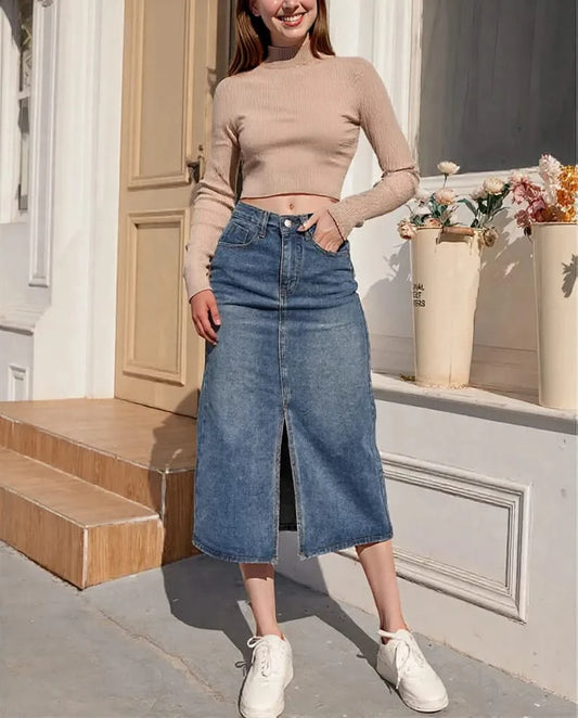 High Waist Vintage Long Denim Skirt for Women – Bodycon Fit with Split Design in Blue-1