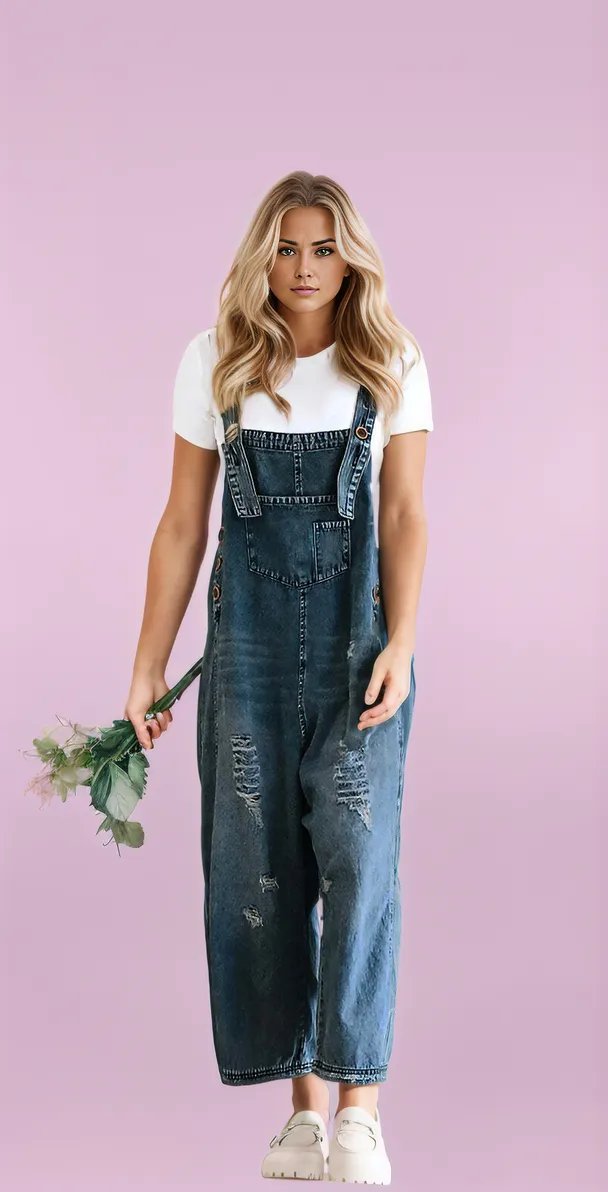 Relaxed Fit Ripped Denim Overalls