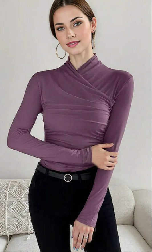 Women's Blouse Black Size M Polyester Cross-Neck Long Sleeve Top-1