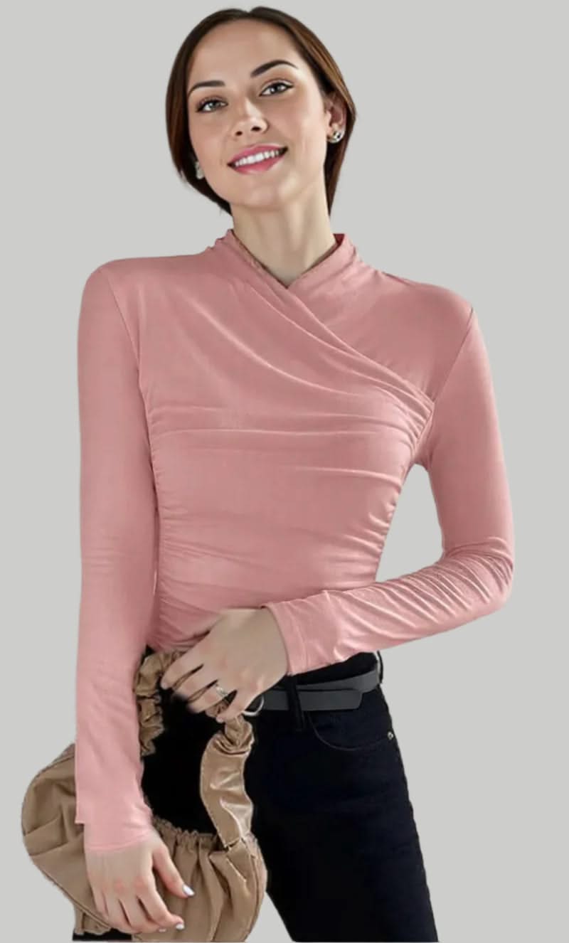 Women's Blouse Black Size M Polyester Cross-Neck Long Sleeve Top-4