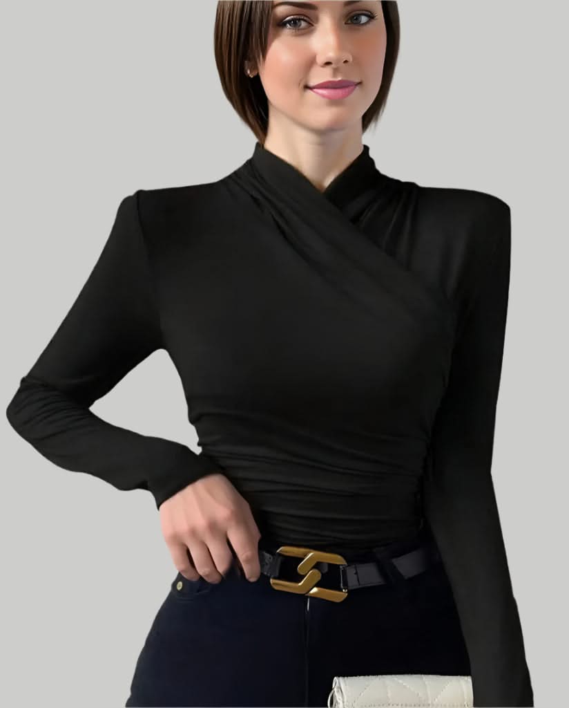 Women's Blouse Black Size M Polyester Cross-Neck Long Sleeve Top-5
