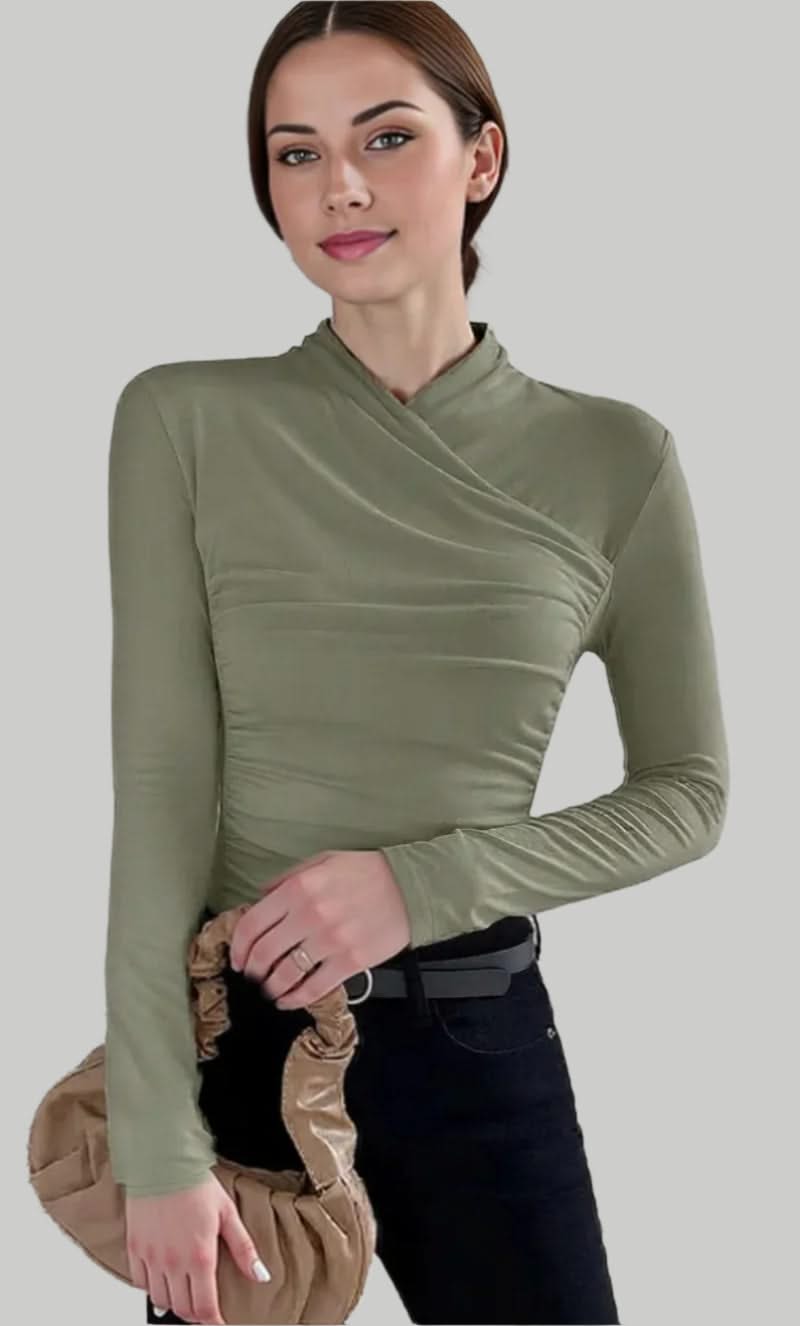 Women's Blouse Black Size M Polyester Cross-Neck Long Sleeve Top-6