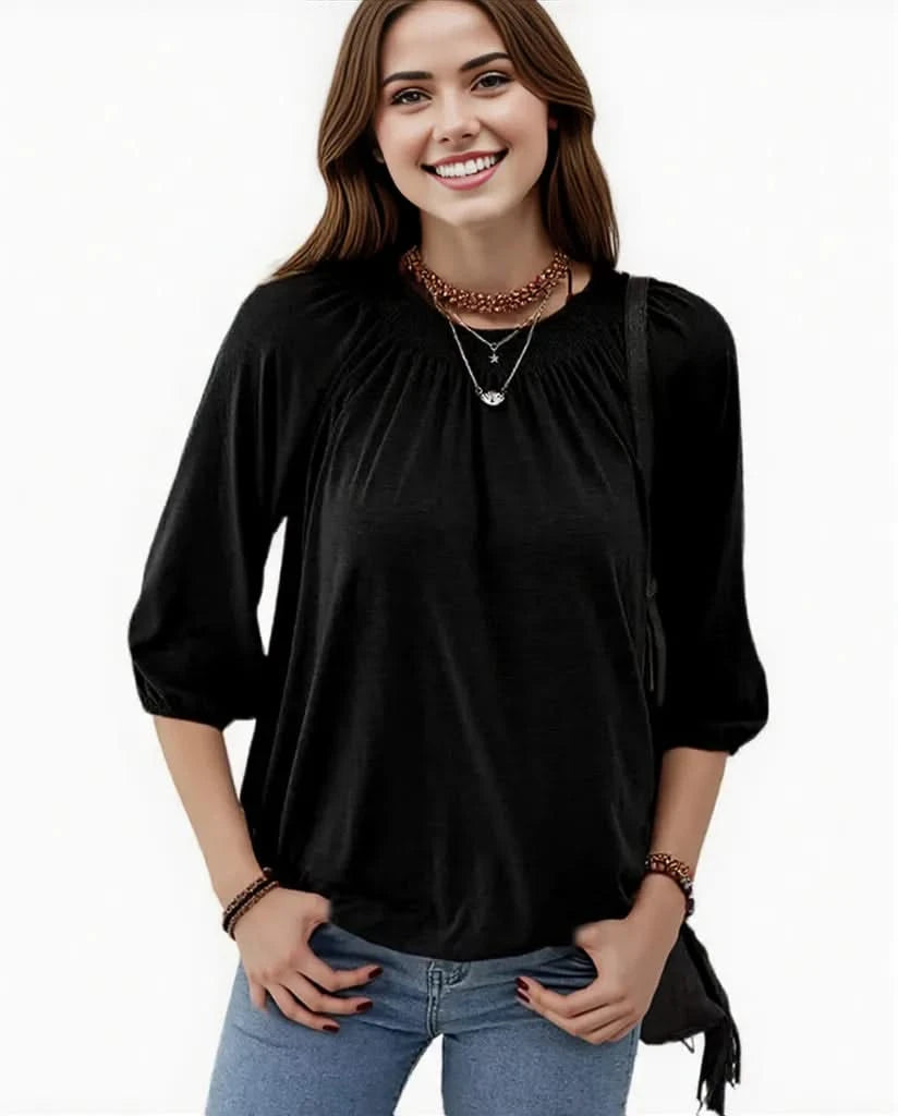 Elegant Women's Loose-Fit T-Shirt with Round Neck and Seven-Point Sleeves – Stylish Summer Top in Polyamide-2
