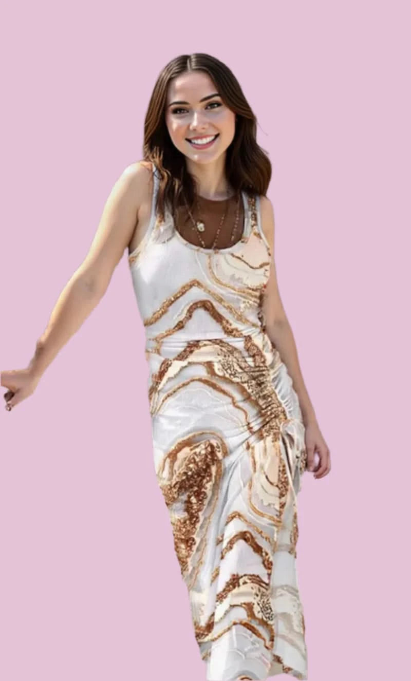 Variant image for Women's Floral Print Bodycon Midi Dress – Sleeveless O-Neck with Drawstring Detail for Summer Casual Wear-25
