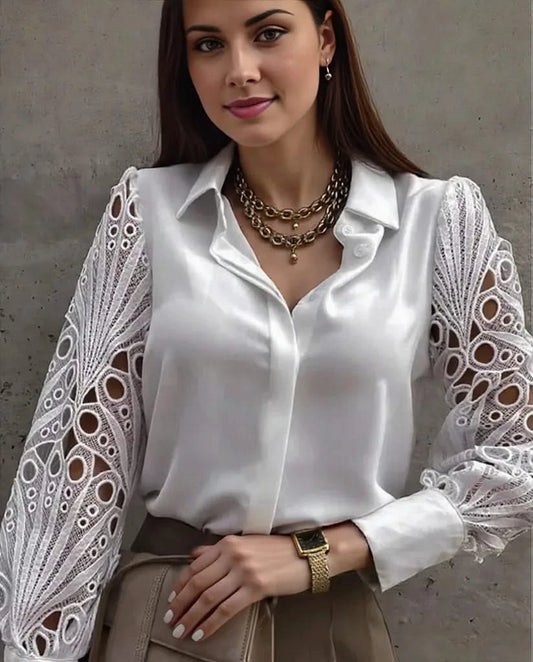 Women's Blouse White Size M Lace Long Sleeve-4