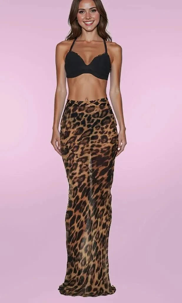 Elegant Women's Leopard Print Bodycon Maxi Skirt – Sheer Summer Beachwear, Mid Waist Design, Comfortable Fabric-1