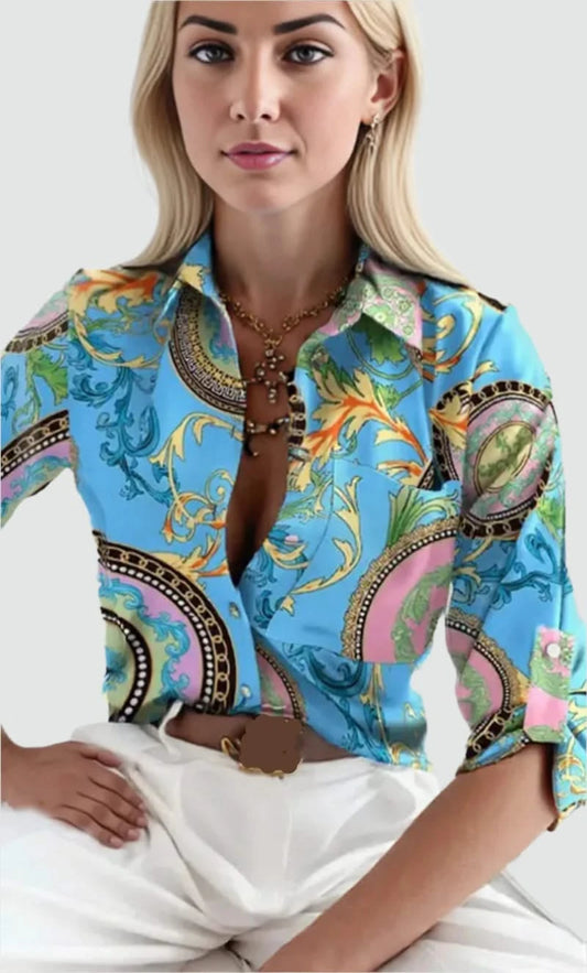 Women's Blouse Blue Size M Cotton Long Sleeve Slim Fit-2