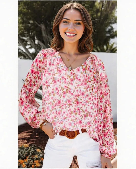 Elegant Floral Print Long Sleeve Blouse for Women – Casual V Neck Office Top in Lightweight Fabric-1
