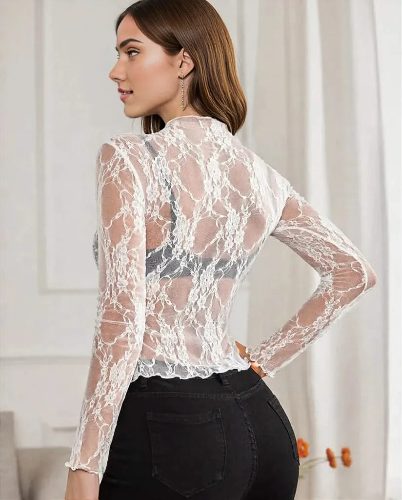 Women's Sheer Mesh Top Black Size M Polyester - Elegant Going Out Blouse-4