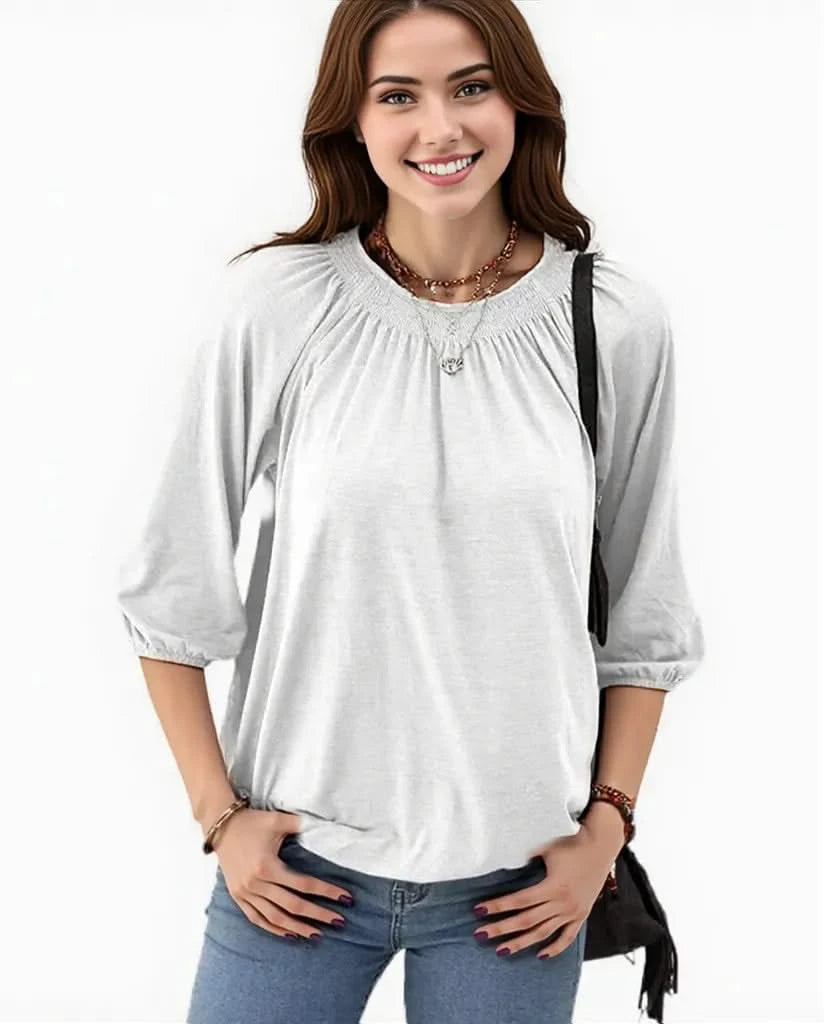 Elegant Women's Loose-Fit T-Shirt with Round Neck and Seven-Point Sleeves – Stylish Summer Top in Polyamide-5