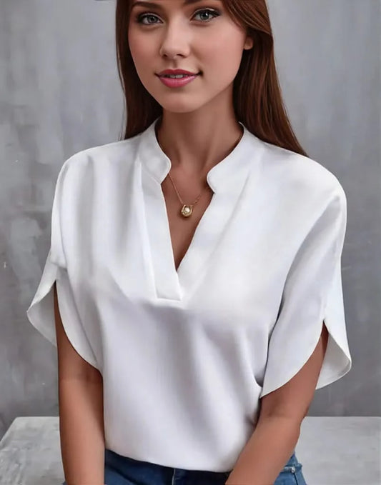 Women's Blouse White Size M Cotton Elegant V-Neck Short Sleeve Summer Top-1