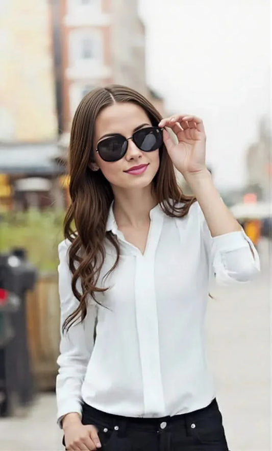 Variant image for Women's Blouse White Size M Chiffon Slim Fit V Neck-2