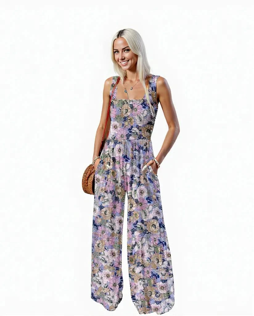 Variant image for Women's Floral Printed Sleeveless Jumpsuit with Pockets – Wide Leg Summer Romper in Lightweight Polyester-2