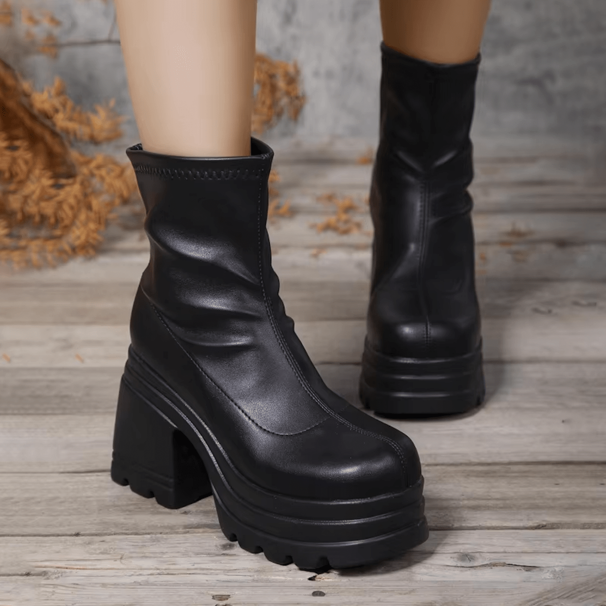 Chic and Cozy PU Leather High-Heeled Boots for Women