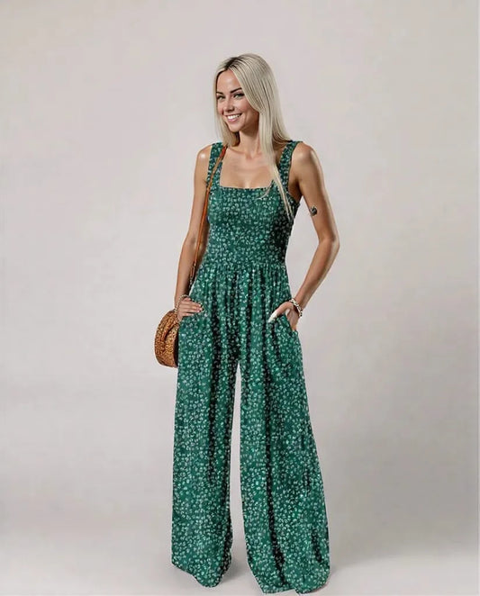 Women's Floral Printed Sleeveless Jumpsuit with Pockets – Wide Leg Summer Romper in Lightweight Polyester-5