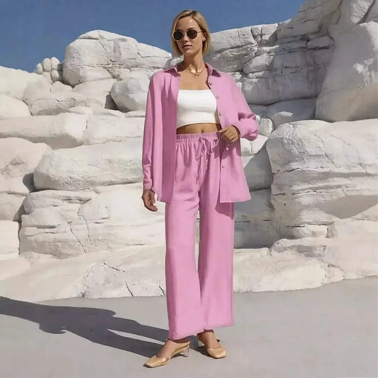 Women's Suit White Size M Cotton Long Sleeve Shirt High-Waisted Trousers-2