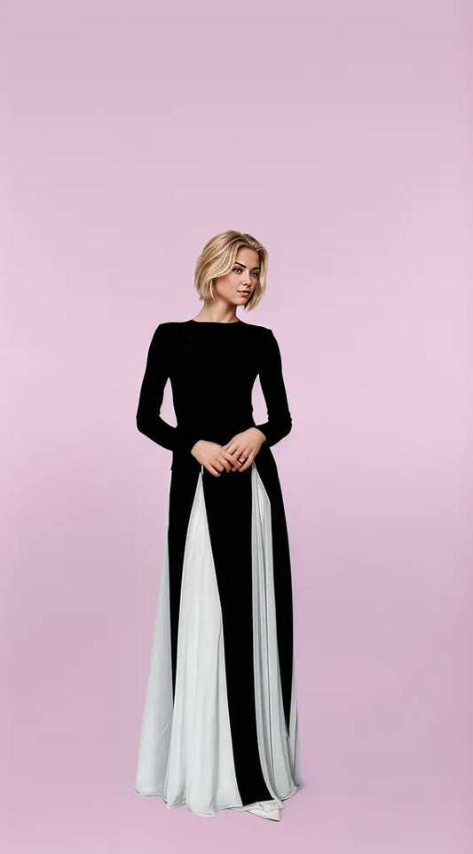 Black and White Contrast Long Sleeve Maxi Dress