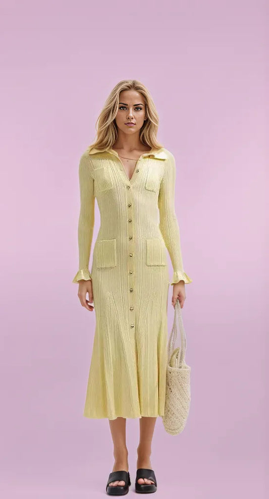 Yellow Long Sleeve Mermaid Maxi Dress