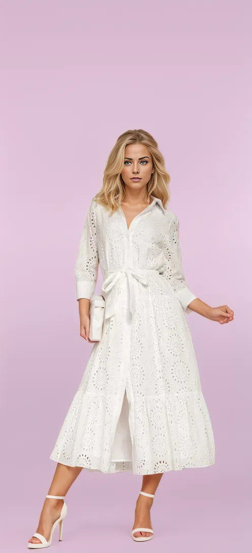 White Midi Dress with Long Sleeves and Embroidery