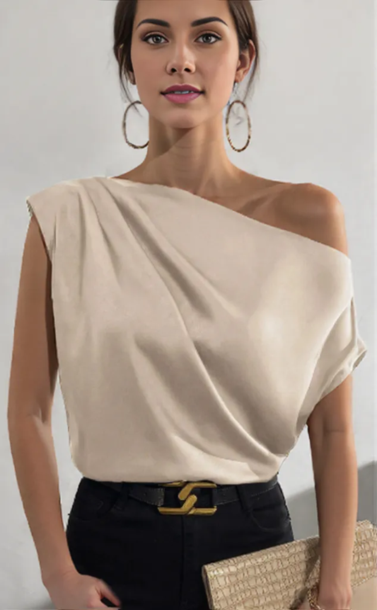 Women's Off-Shoulder T-Shirt Beige Size M Polyester-1