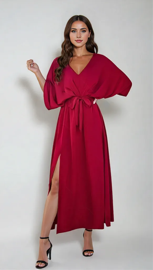 Scarlett | Coastal Elegance V-Neck Dress with Slit and Tied Sleeves