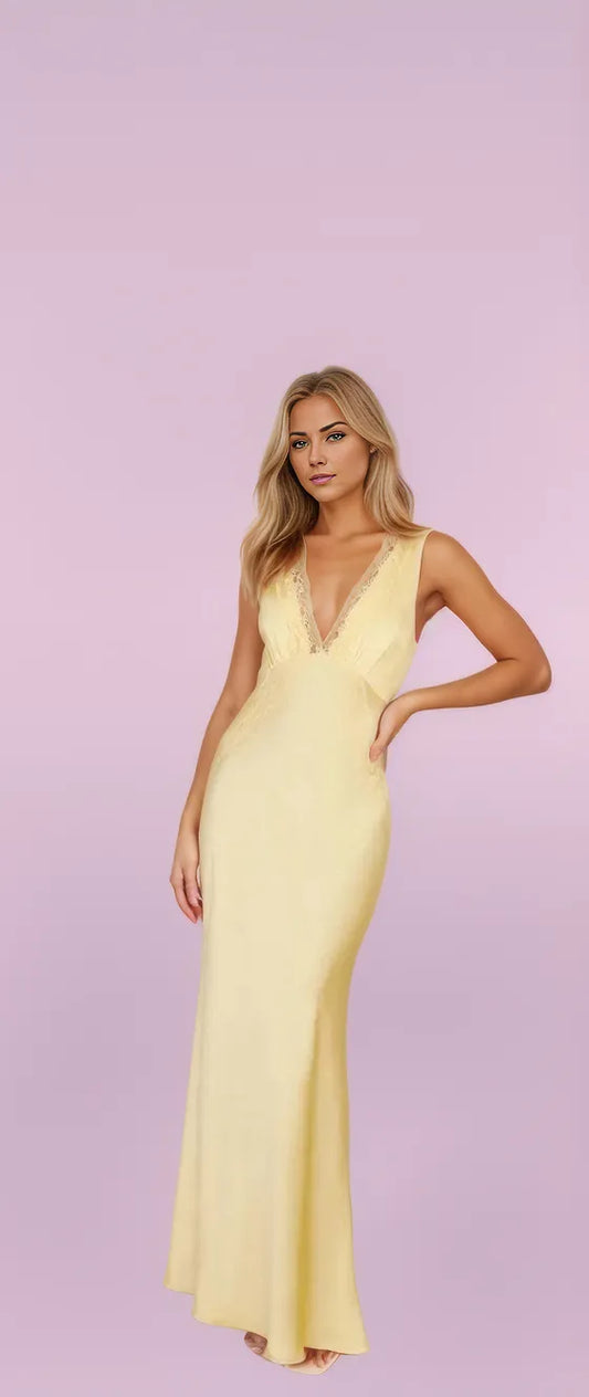 Yellow Satin Maxi Dress with Deep V-Neck